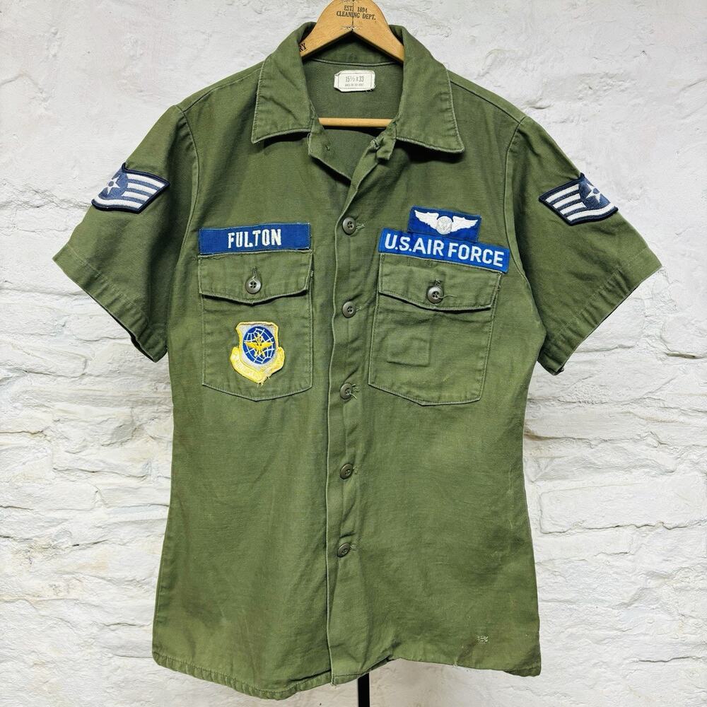 Vintage Vietnam Era OG-107 USAF Air Force Sateen Utility Shirt Jacket Patches